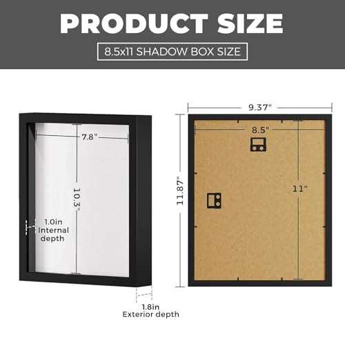 Muzilife 8.5x11 Shadow Box Picture Frame with Linen Board - Wood Display Case Deep Frame with Glass Cover, Ready to Hang Awards, Medals, Tickets, Wedding Memories, Flower and Photos, Black - color: Black, size: 8.5x11