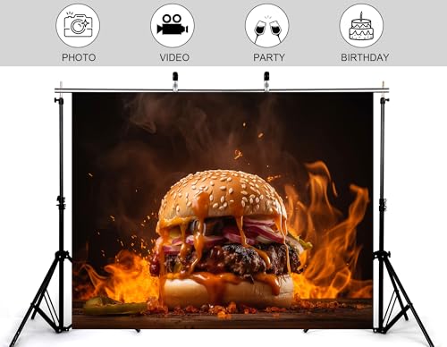 12x10ft Fiery Sauce Burger Backdrop Blazing Flame Photography Background for Restaurant Menu and Food Shoot Decorations Tapestry Photo Booth Props - size: 12x10ft