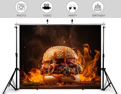 12x10ft Fiery Sauce Burger Backdrop Blazing Flame Photography Background for Restaurant Menu and Food Shoot Decorations Tapestry Photo Booth Props - size: 12x10ft
