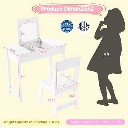 Costzon Kids Vanity, 2 in 1 Girls Vanity Set with Flip Top Mirror, Hidden Storage Space, Wooden Toddler Makeup Vanity Desk Dressing Table, Kids Vanity Table and Chair Set (White) - style: White with Flip Top Mirror