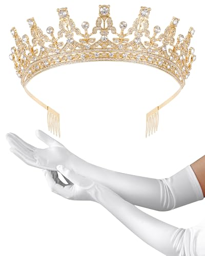 Princess Tiara Crown with Satin Gloves Set Crystal Headpiece for Graduation Prom and Party Photo Props - color: Gold, style: C