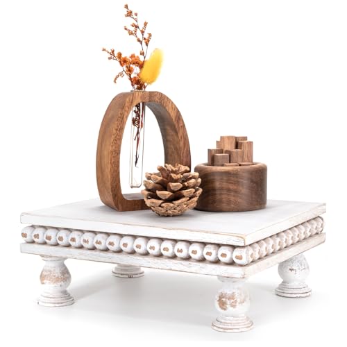EOSAHR Pine Wood Display Riser – Modern Farmhouse Style Pedestal Stand for Room Decor, New House Essentials, Cake Stand or Coffee Table Accents – Boho Chic Decor Style(Distressed White) - color: Distressed White