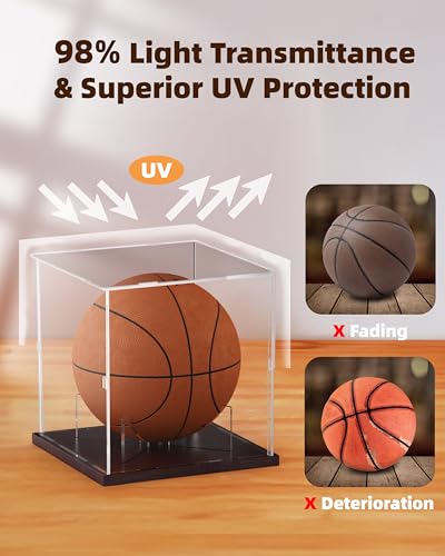 Fitense Basketball Display Case Acrylic Clear, UV Protected Basketball Stand Box Full Size with Solid Wood Base, Soccer Display for Autographed Standard NBA WNBA Ball Memorabilia Keepsake, Ideal Gift