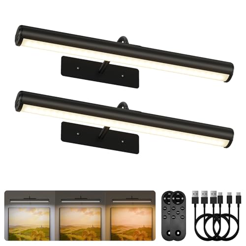 EZVALO 16in Picture Lights for Wall, Rechargeable 6000mAh Cordless Art Lights with Remote, 3 Color Temperatures LED Painting Lights for Artwork, Frames, Gallery (Black, 2Pack) - color: Black, size: 16inch