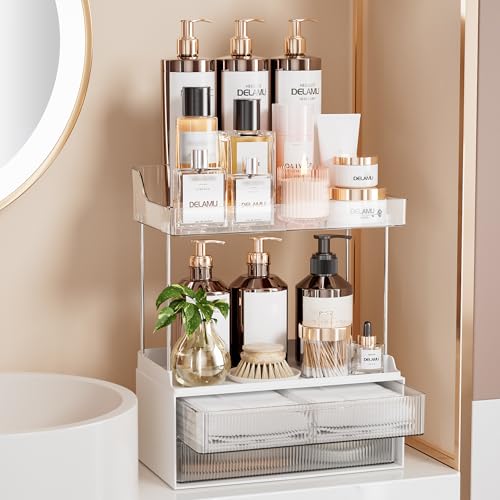 Delamu Bathroom Organizers and Storage, 2 Tier 2 Drawer Makeup Organizer Countertop, Easy to Install, Ideal for Bathroom Counter, Vanity, Clear - color: Clear, size: 2Drawers 1 Pack