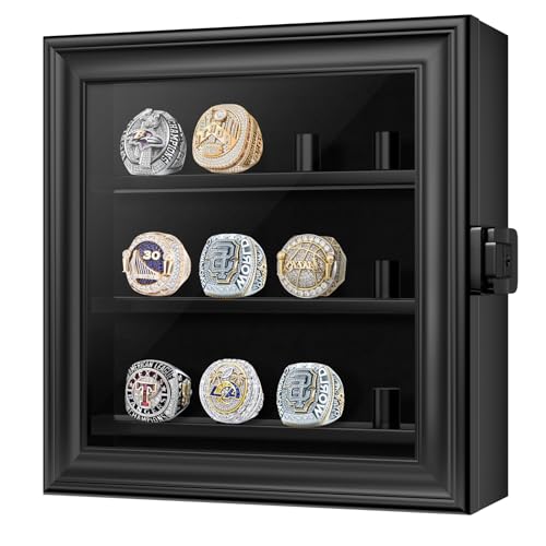 Championship Ring Display Case, 12 Ring Posts Baseball Ring Holder, Wall Mount Wooden Shadow Box for Multiple Championship Rings - size: 12 Posts-Rectangle