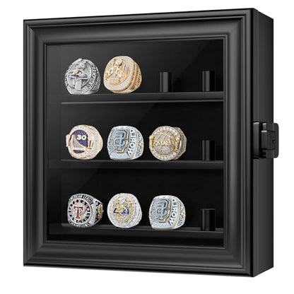 Championship Ring Display Case, 12 Ring Posts Baseball Ring Holder, Wall Mount Wooden Shadow Box for Multiple Championship Rings - size: 12 Posts-Rectangle