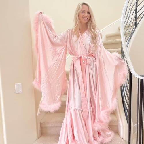 Feather Silk Satin Bridal Robe Long Wedding Scarf Illusion Bathrobe Sleepwear for Women Sexy Lingerie Nightgown - color: Blush Pink, size: 3X-Large Plus