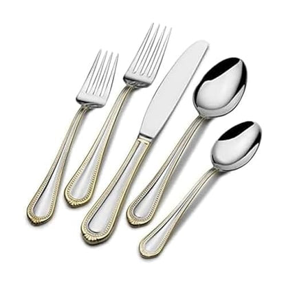 Mikasa, Gold Accent Regent Bead Flatware Service for 12, 65 Piece Set, 18/10 Stainless Steel, Silverware Set with Serving Utensils - size: 65 Piece Set, style: Regent Bead Gold