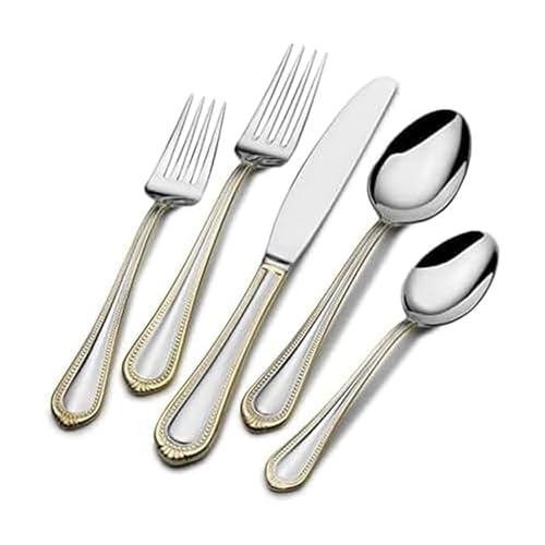 Mikasa, Gold Accent Regent Bead Flatware Service for 12, 65 Piece Set, 18/10 Stainless Steel, Silverware Set with Serving Utensils - size: 65 Piece Set, style: Regent Bead Gold