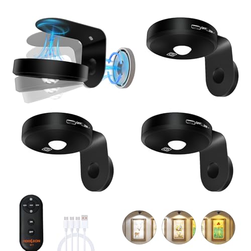 Picture Lights for Wall Wireless with Magnetic,2000mAh Rechargeable Picture Frame lights with Dimmable,Puck Lights with Remote Control,Art Lighting for Paintings,Counter, Shelf,Bookcase(4 Pack,Black) - color: Black-4 PACK