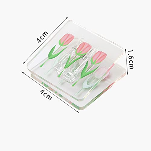 6 Pcs Square Plastic Clip Tulip Flowers Pattern Binder Paper Clamps for Home Office School Shop Supplies for File Picture Photo, Clear