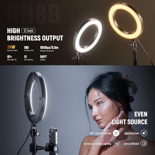 NEEWER 12" 24W High Power Desk Ring Light with Stand/Phone Holder, LED Selfie Video Conference Lighting for iPhone Streaming Makeup Vlog Recording Laptop Computer Webcam Zoom Call Podcast, RH12B - color: Black, size: 12"