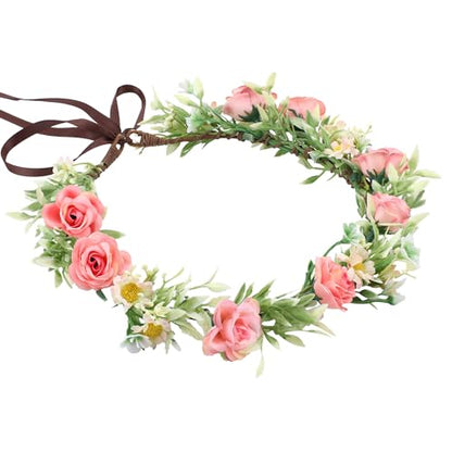 Handmade Fairy Flower Crown - Fashion Pink Flower Headband Mini Rose Hair Wreath Women Girls Floral Headpiece for Wedding Festival Halloween Cosplay - color: Pink Green