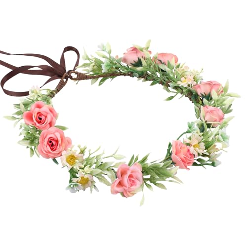 Handmade Fairy Flower Crown - Fashion Pink Flower Headband Mini Rose Hair Wreath Women Girls Floral Headpiece for Wedding Festival Halloween Cosplay - color: Pink Green
