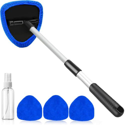 desin Windshield Cleaning Tool, Car Window Cleaner Windshield Cleaner with 4 Reusable and Washable Microfiber Pads and Extendable Handle Auto Inside Glass Wiper Kit (Dark Blue) - color: Dark Blue