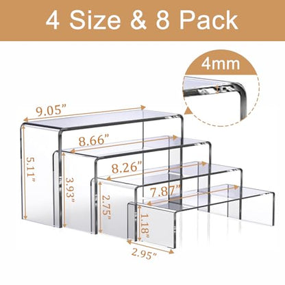 MerryNine Acrylic Risers Display Stands, 8 Pcs 2 Set Clear Acrylic Shelves, Plastic Display Risers for Retail, Vinyl Figures, Cupcake, Jewelry, Dessert Display, No Assembly, Scratch-Resistant (Rectangular-4mm-8pcs)