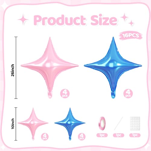 Pink Blue Star Balloons, 16 PCS Blue Four Angle Star Foil Balloons, 26 Inch and 10 Inch Pink Stars Shaped Balloon for Graduation Birthday Baby Shower Wedding Anniversary Engagement Party Decorations - color: Pink Blue