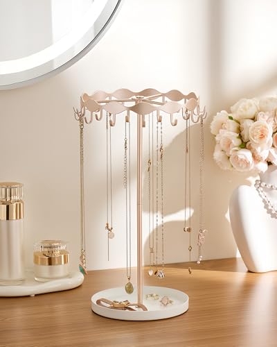 Lolalet Necklace Organizer Holder, Jewelry Display Rack Tree Stand with 26 Hooks & Metal Base Tray, Tall Hanging Storage for Necklaces, Keychains, Bracelets, Mothers Day Gift for Women -Rosegold - color: Rosegold