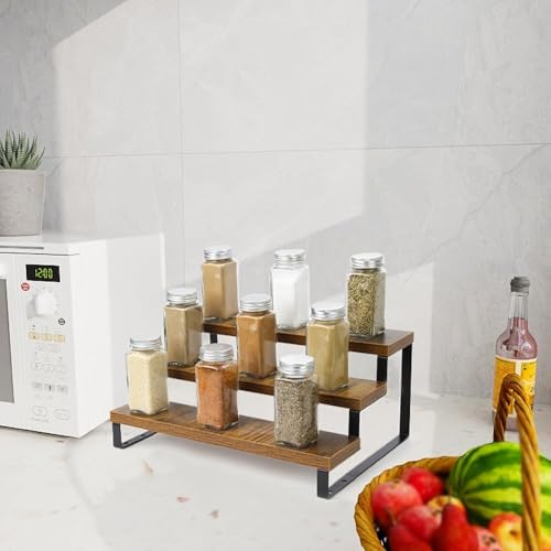 4-Tier Wooden Display Riser Shelf Stand for, Makeup, Cupcake, Condiment & Dolls Collection Home Decor Organizer, Expandable for Pantry/Counter (Brown, 3-Tier) - size: 3-Tier