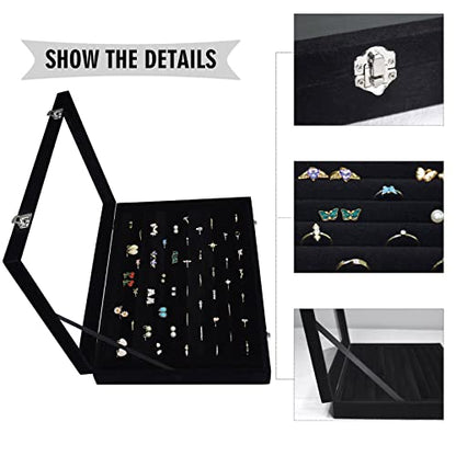 Siveit Rings Organizer Tray 10 Slots Velvet Ring Display Tray Insert Jewelry Earring Storage Box with Transparent Glass lid Can Hold 100 Rings Earrings Suitable for Girls and Women (Black) - color: Black