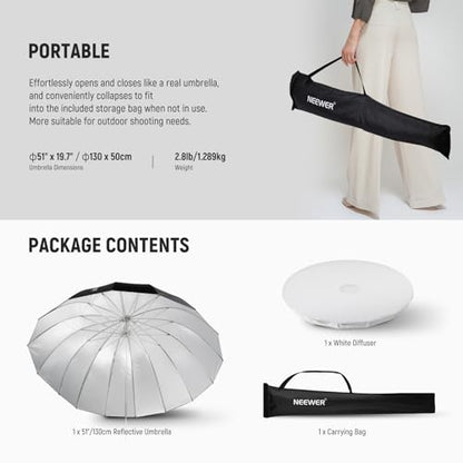 NEEWER 51"/130cm Parabolic Reflective Umbrella Photography with Silver Inner, Soft Lighting with Diffuser Cover, Bag, Quick Fold for Camera Photo Studio Video Light Shooting Monolight Flash, NS2U - color: Silver, size: 51"