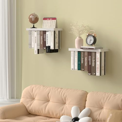 Tohiasen Floating Book Shelves for Wall Mounted Set of 2, Wood Hanging Bookshelf, Book Display Shelf for Wall, Unique Space Saving Book Shelf Wall Book Holder (White) - color: White