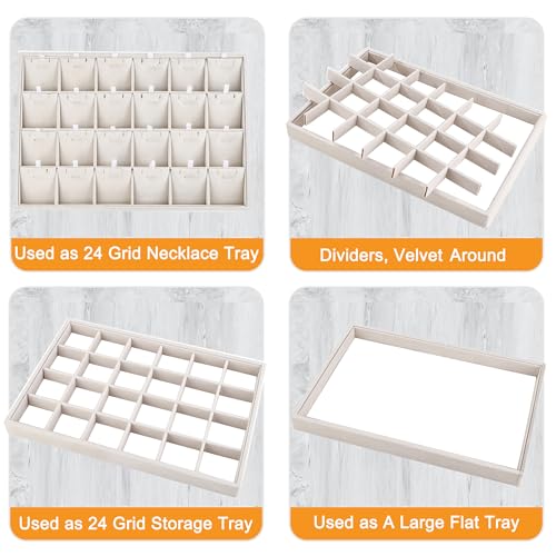 24 Grids Stackable Jewelry Tray Organizer with Removable Dividers, Velvet Jewelry Display Tray for Earrings Necklaces Bracelet Rings Display Showcase - Beige - color: Beige