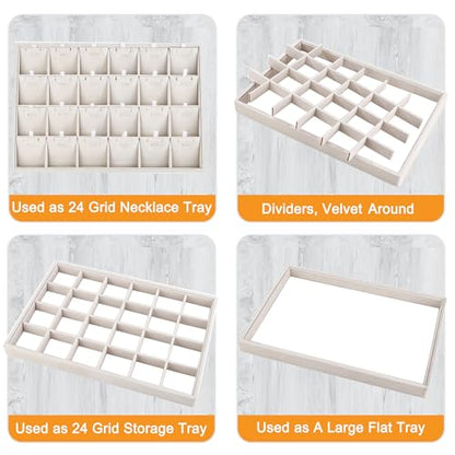 24 Grids Stackable Jewelry Tray Organizer with Removable Dividers, Velvet Jewelry Display Tray for Earrings Necklaces Bracelet Rings Display Showcase - Beige - color: Beige