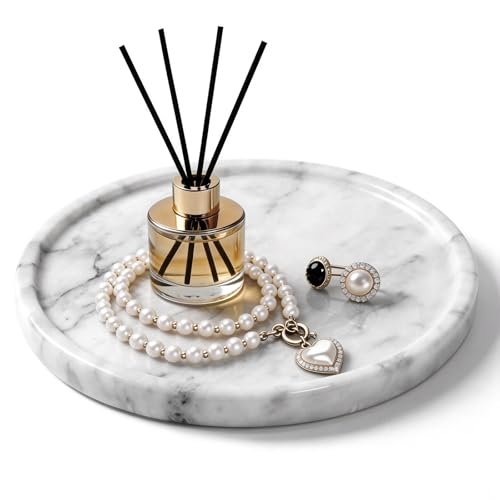 Natural Round Marble Tray - 7.8" Marble Vanity Tray for Dresser, Bathroom, Decorative Jewelry Dish for Perfumes Rings Earrings Necklaces, Stone Tray for Home Décor, White - color: White