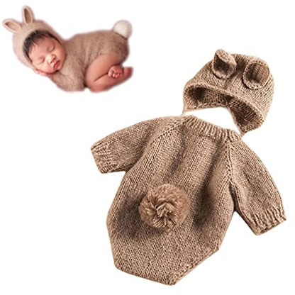 Newborn Baby Bunny Rabbit Crochet Knitted Photography Props Newborn Baby Outfits Diaper Costume - color: Khaki