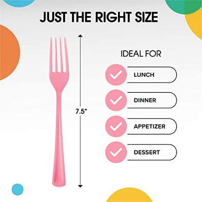 Party Solids Pink Plastic Forks 200 Pieces Pink Forks Disposable Utensils Heavy Duty Plastic Cutlery Set Disposable Cutlery Sets Flatware Sets Silverware Set Party Supplies & Party Tableware - color: Pink