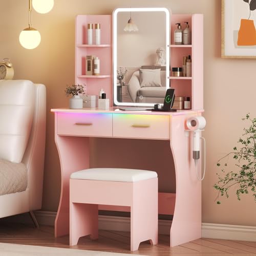 Vanity Desk with LED Lights Mirror & Power Outlet, Small Makeup Vanity Table Set with Storage Drawers & Chair, 3 Lighting Modes & Adjustable Brightness, Dressing Table for Women Girls Bedroom, Pink - color: Pink, size: 2 Drawers