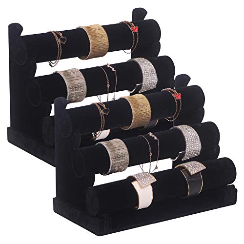 2 Pack Velvet Bracelet Holder with 3 Tier Rack, Jewelry Display Stand Watch Bangle Bar Necklace Storage Organizer, Black