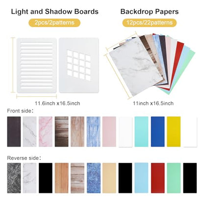 Meking 12Pcs 22Patterns Small Product Photography Backdrops Kit Photo Background Food Photography Backdrop Board with Carrying Bag and Drawstring Bag(16.5X11inch) - color: Prop set series