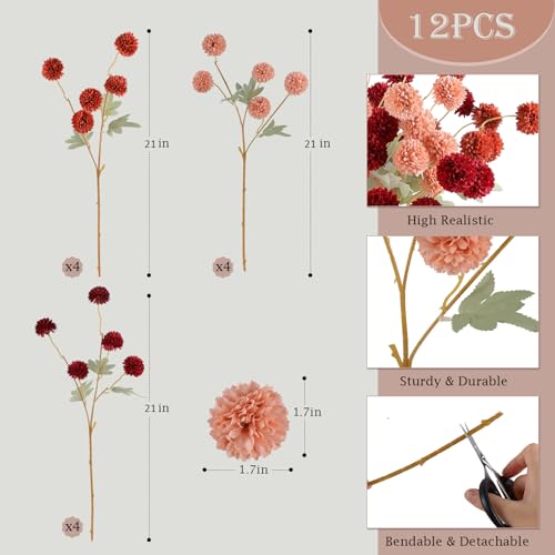 Hananona 12 Pcs Artificial Chrysanthemum Flowers, Orange Kiku Pom Pom Mums Flower Faux Fall Floral for Autumn Halloween Kitchen Table Centerpiece Home Decor (12, Burgundy, Burnt Orange, Deep Peach) - color: Burgundy, Burnt Orange, Deep Peach