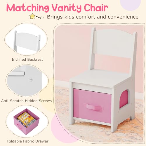 Costzon Kids Vanity, Girls Vanity Set with Lighted Mirror, Bookshelf, Drawers, Hooks & Storage Shelves, Toddler Makeup Vanity Desk Dressing Table, Wooden Kids Vanity Table and Chair Set (White) - style: White with Bookshelf