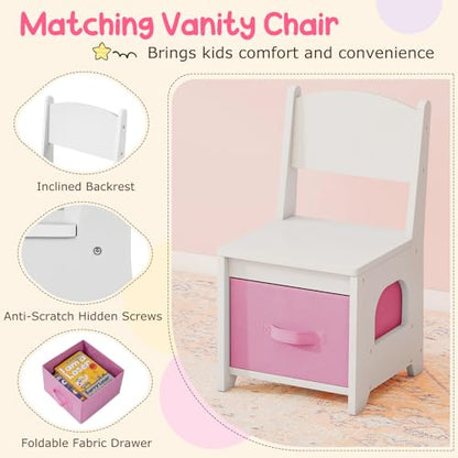 Costzon Kids Vanity, Girls Vanity Set with Lighted Mirror, Bookshelf, Drawers, Hooks & Storage Shelves, Toddler Makeup Vanity Desk Dressing Table, Wooden Kids Vanity Table and Chair Set (White) - style: White with Bookshelf