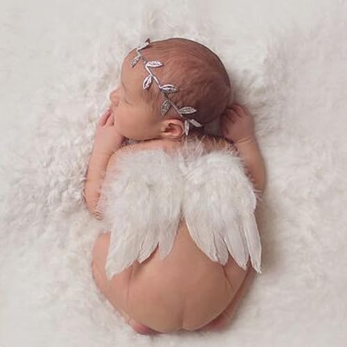 Holibeat 0-6M Baby White Fairy Feather Angel Wings with a Headband Newborn Photography Posing Props (White) - color: white