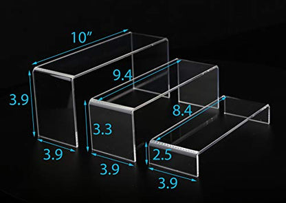Jusalpha 3 PC Large Clear Acrylic Riser Set, Acrylic Display Risers Shelf Showcase Fixtures for Jewelry, Display Stand for Amiibo Funko POP Figures, Cupcakes, Food Display,10 x 3.9 x 3.9 in (1)