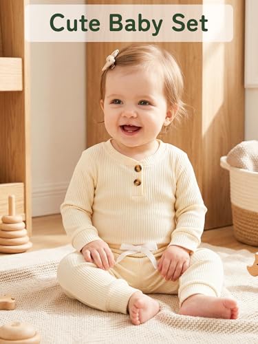 Hikido Newborn Baby Boy Girl Clothes Infant Ribbed Romper Cotton Long Sleeve Pant Sets for 0~18M Infant - color: Beige, size: 12-18 Months