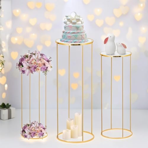 3pcs Gold Metal Plant Stand, Cylinder Pedestal Stands for Party, Metal Plant Columns Pedestal Stands for Display, Round Cylinder Columns tables for Weddings Cake Stand Floor Plant Tables
