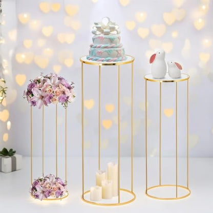 3pcs Gold Metal Plant Stand, Cylinder Pedestal Stands for Party, Metal Plant Columns Pedestal Stands for Display, Round Cylinder Columns tables for Weddings Cake Stand Floor Plant Tables