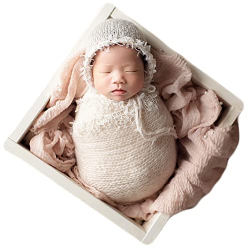 Baby Photography Props Luxurious Lace Hat with Blanket Newborn Photo Shoot Outfits Infant Princess Photos Hats Wrap Set (Cream) - color: Cream