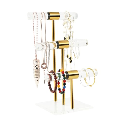 T-Bar Tangle-free Necklace and Jewelry Display Stands, 3-Tier Acrylic Bracelet Holder Stand, Clear Gold Jewelry Organizer with Stainless Rod, Women Vendors Retail Store Counter Bangles Display Stand