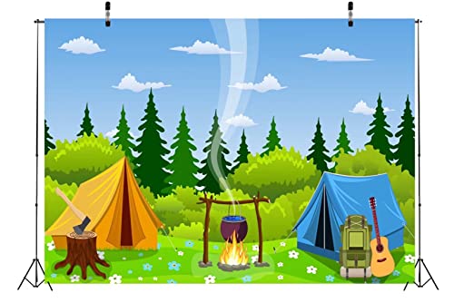 BELECO Camping Backdrop 5x3ft Fabric Cartoon Forest Scene Campfire Party Camping Tent Little Lumberjack Birthday Backdrop Jungle Safari Baby Shower Kids Boy Outdoor Adventure Portrait Photo Props - size: 5x3FT