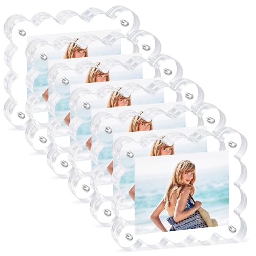 6Pack Magnetic Acrylic Picture Frames 2×3 Inch - Scalloped Glass Frame with 10+10mm Thick Block, Double Sided Clear Frames for Desktop Display | Trendy Home Gift - color: 6 Pack, size: 2×3