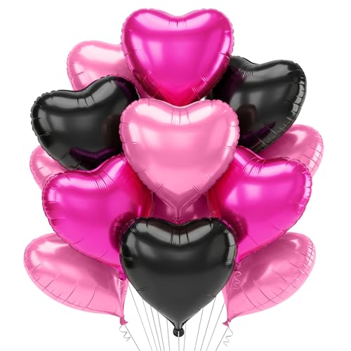 TONIFUL 30Pcs 18 Inch Black Pink Hot Pink Balloons Heart Shape Foil Mylar Banners Decoration for Birthday Valentine's Day Wedding Bridal Shower Anniversary Engagement Party Supplies - color: Black Pink Hot Pink