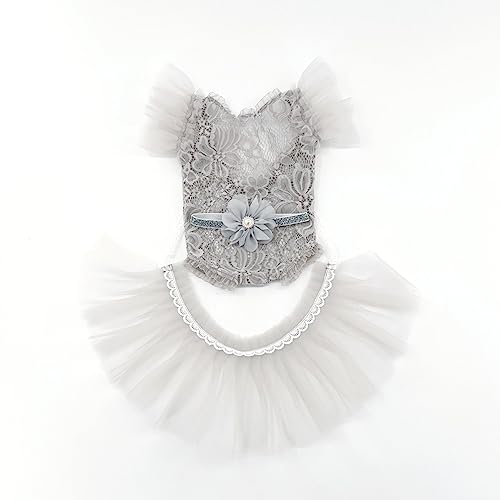 Baby Photography Props Outfit Lace Rompers Newborn Girl Photo Shoot Outfits Flower Headband Princess Costume - color: Grey B