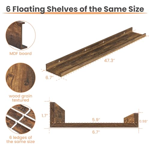 upsimples Floating Shelves for Wall, 47.3 Inch Shelves for Decor Storage Set of 6, Wall Mounted Wood Shelf for Bedroom, Living Room, Bathroom, Kitchen, Long Picture Ledge Shelves, Brown - color: Brown, size: 47.3in